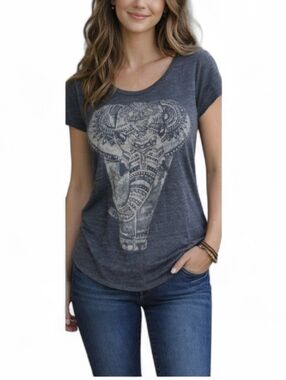 Lucky Brand Gray Elephant Graphic Tee Boho Hamsa Print Short Sleeve Top Small